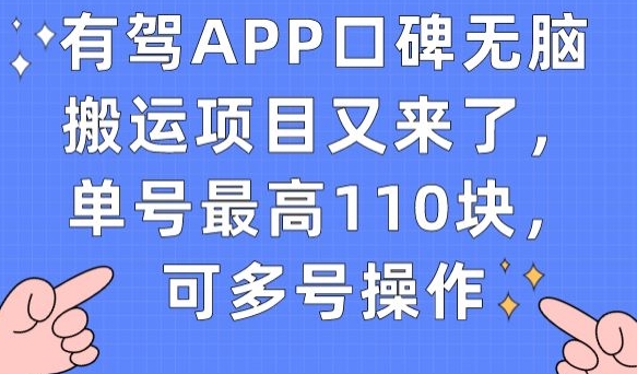 有驾APP口碑无脑搬运项目又来了，单号最高110块，可多号操作-52资源库