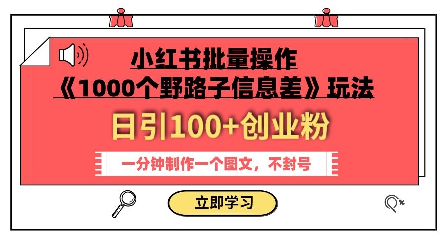 小红书批量操作《1000个野路子信息差》玩法，一分钟制作一个图文，不封号，日引100+创业粉-52资源库