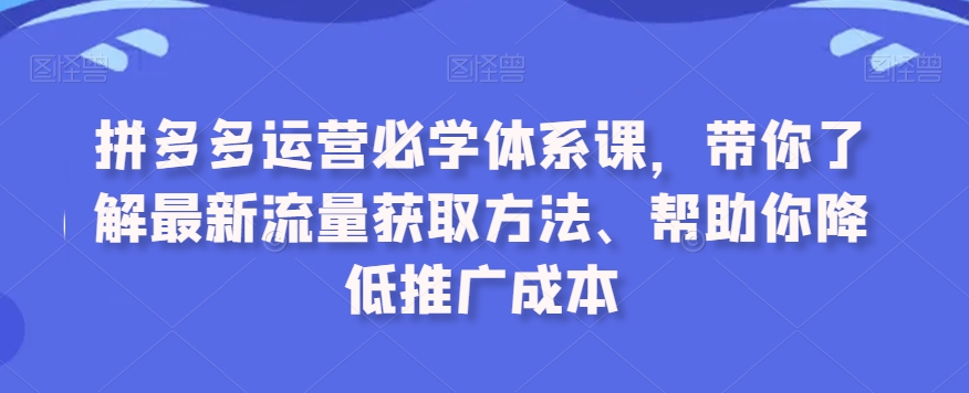 拼多多运营必学体系课，带你了解最新流量获取方法、帮助你降低推广成本-52资源库